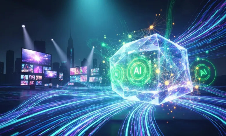 Futuristic AI concept with glowing cube, data streams, and city skyline.