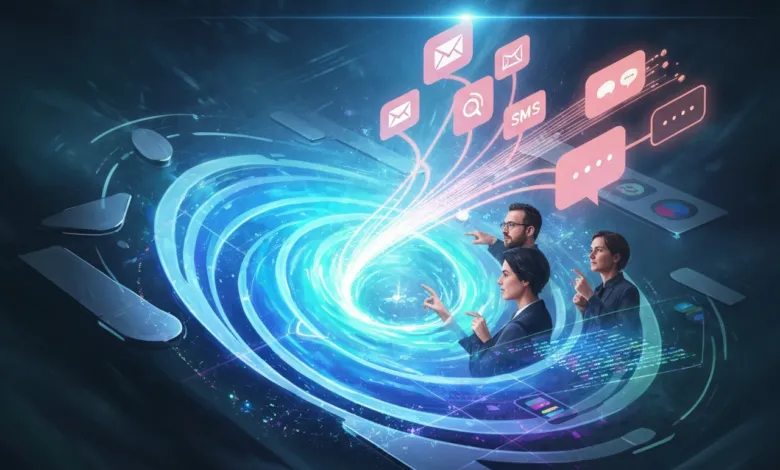 Three people point at digital icons emerging from a swirling blue vortex.