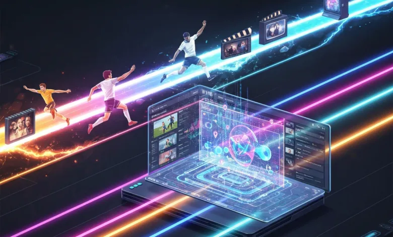 Futuristic laptop with soccer players and streaming media icons.