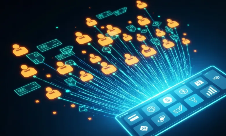 Digital connections flow from a tablet to user icons and documents.