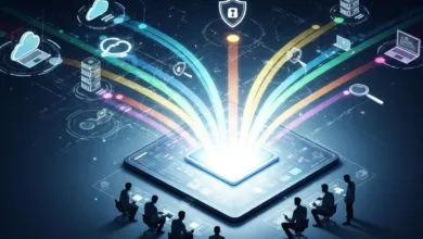 Group of people analyzing data streams and cybersecurity on a digital platform.