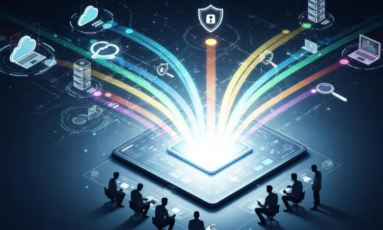 Group of people analyzing data streams and cybersecurity on a digital platform.