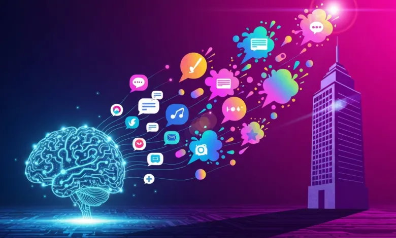 Digital brain connected to social media icons leading to a building.