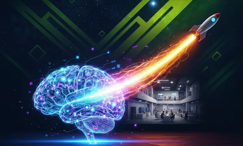 Digital brain launches rocket, symbolizing innovation and growth.