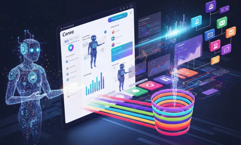 AI robot presents Canva dashboard with data visualizations and app icons.