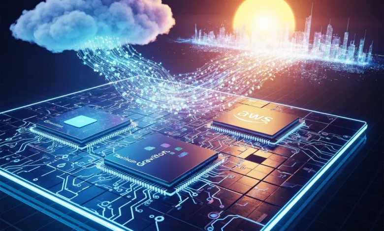 Cloud computing concept with processors, data streams, and city skyline.