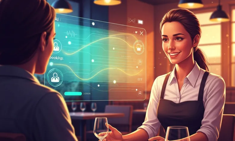Waitress shows customer restaurant bookings on a transparent digital interface.