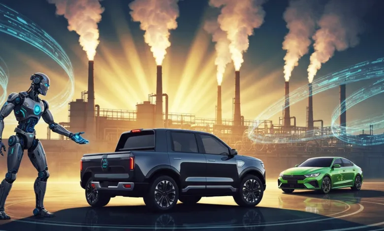 Futuristic scene with robot, electric truck, car, and industrial backdrop.