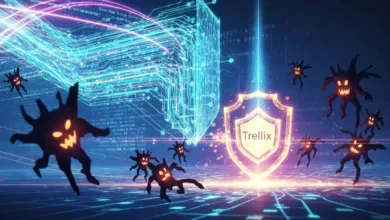 Digital shield protects against malware in a futuristic cyber landscape.