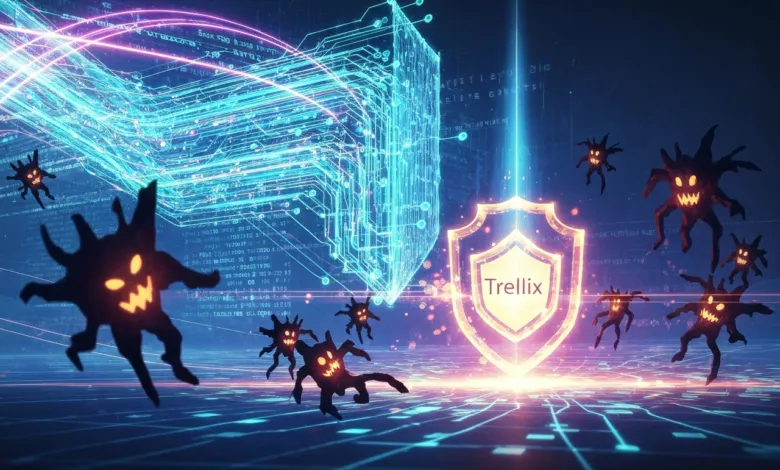 Digital shield protects against malware in a futuristic cyber landscape.