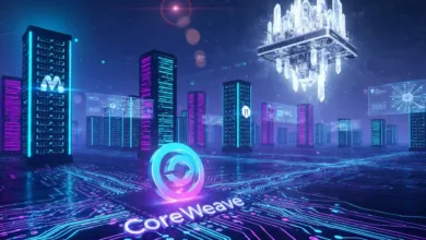 Futuristic cityscape with CoreWeave logo, servers, and glowing circuit patterns.