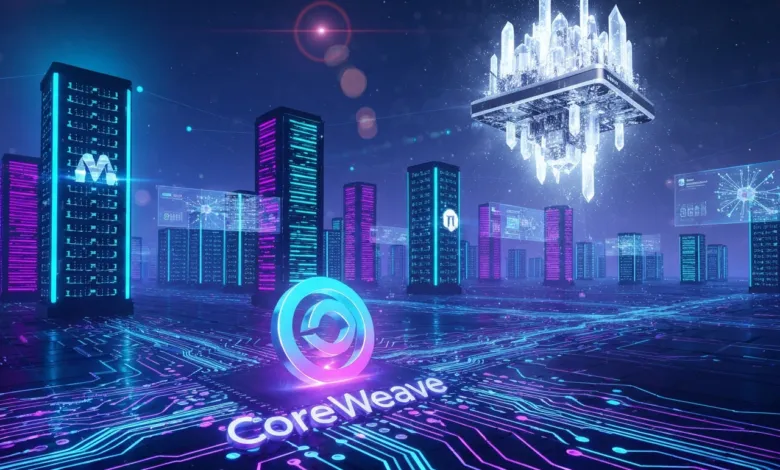 Futuristic cityscape with CoreWeave logo, servers, and glowing circuit patterns.
