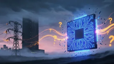 Futuristic cityscape with a glowing circuit board and question marks.