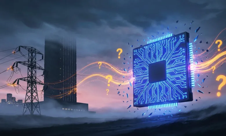 Futuristic cityscape with a glowing circuit board and question marks.