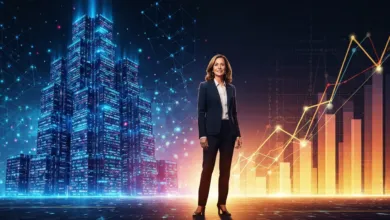 Businesswoman stands confidently against a digital cityscape and rising graphs.