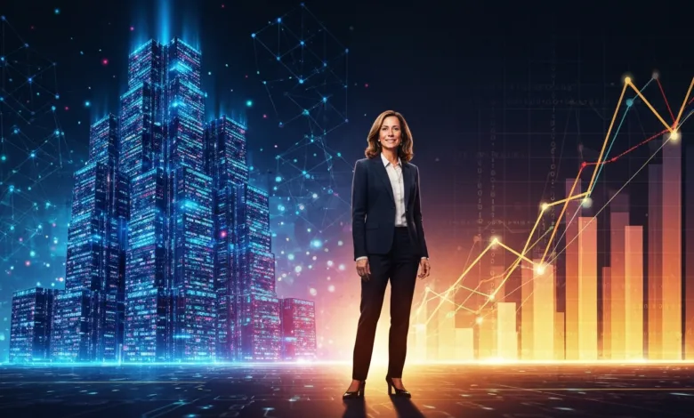 Businesswoman stands confidently against a digital cityscape and rising graphs.