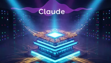 Abstract image of a glowing, layered computer chip with 'Claude' text above.