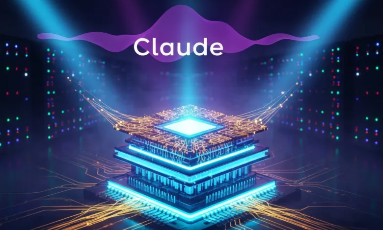 Abstract image of a glowing, layered computer chip with 'Claude' text above.
