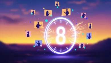 Digital clock with number 8 surrounded by connected silhouette profiles.