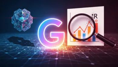Glowing 'G' with data graph and magnifying glass on a digital grid.