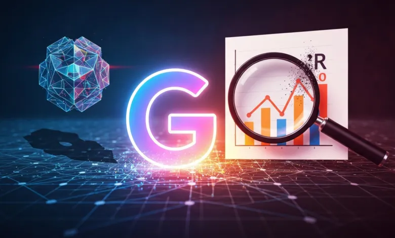 Glowing 'G' with data graph and magnifying glass on a digital grid.