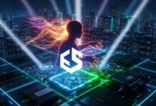 Silhouette of person interacting with glowing circuit boards in futuristic city.