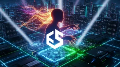 Silhouette of person interacting with glowing circuit boards in futuristic city.