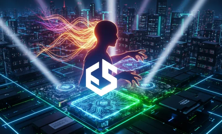 Silhouette of person interacting with glowing circuit boards in futuristic city.