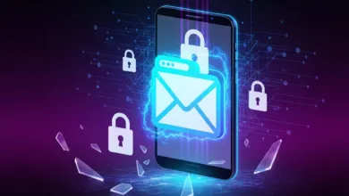 Smartphone displaying secure email with padlock, surrounded by digital security elements.