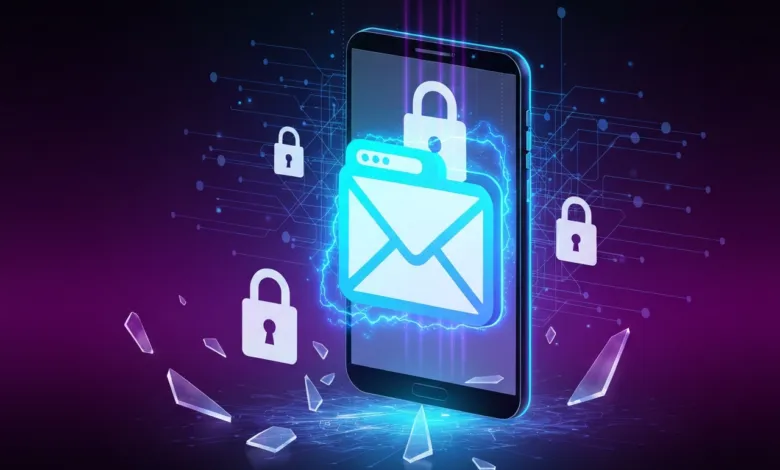 Smartphone displaying secure email with padlock, surrounded by digital security elements.