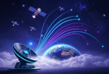 Satellite dish communicating with satellites orbiting Earth in a starry sky.