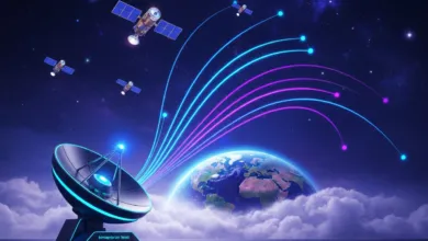 Satellite dish communicating with satellites orbiting Earth in a starry sky.