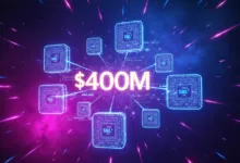 $400M connected to digital processors in a vibrant, futuristic network.