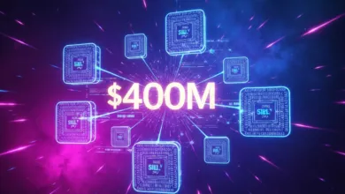 $400M connected to digital processors in a vibrant, futuristic network.