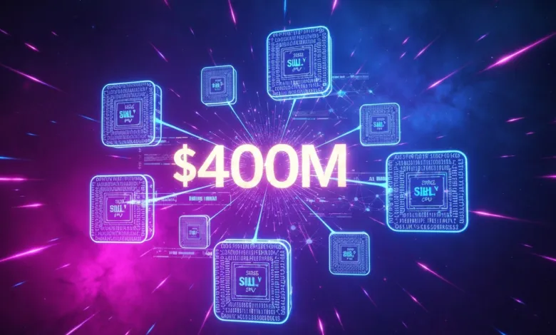 $400M connected to digital processors in a vibrant, futuristic network.