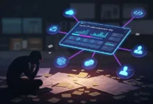 Person overwhelmed by data and documents, with a glowing software interface.