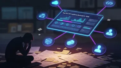 Person overwhelmed by data and documents, with a glowing software interface.