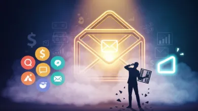 Silhouette of person with abacus stands before glowing email icon.