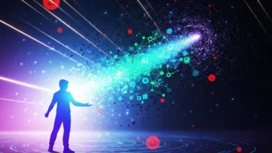 Silhouette of a person interacting with a glowing AI network in space.