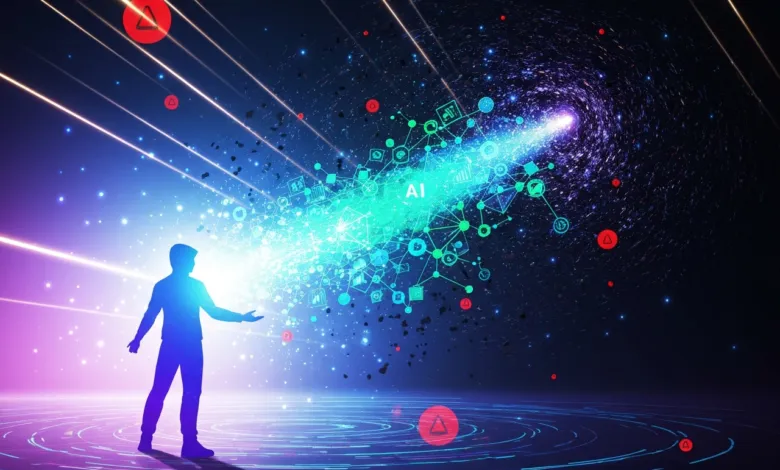 Silhouette of a person interacting with a glowing AI network in space.