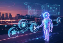 Futuristic robot figure with glowing icons and city skyline background.