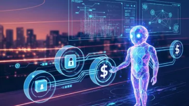 Futuristic robot figure with glowing icons and city skyline background.