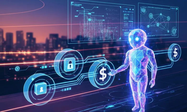 Futuristic robot figure with glowing icons and city skyline background.