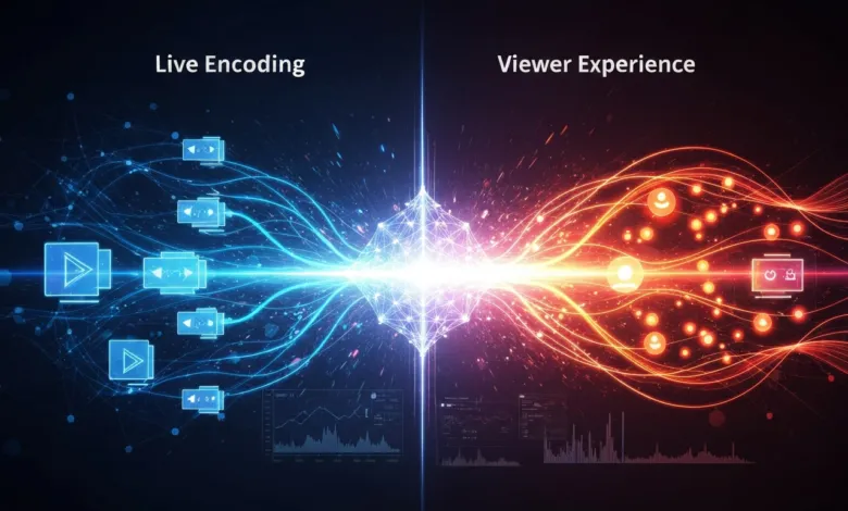 Abstract image showing live encoding and viewer experience with blue and red energy streams.