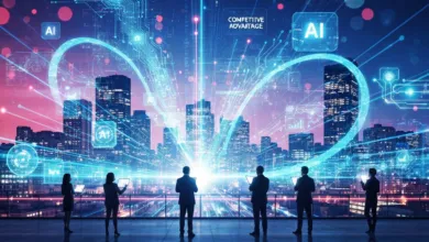 Silhouetted business team overlooking city with AI technology overlay.