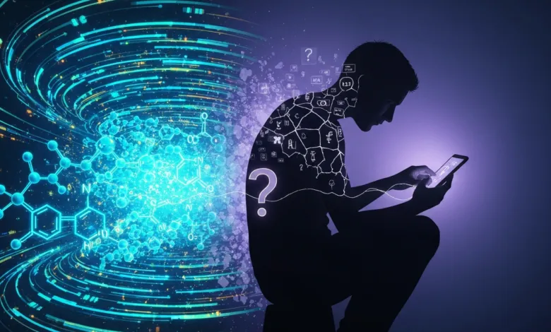 Silhouette of person using phone with digital overlay of science and data.