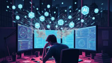 Person at desk with three monitors displaying code and AI icons, city backdrop.