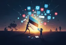 People with Estonian flag shield surrounded by social media icons in a field.