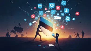 People with Estonian flag shield surrounded by social media icons in a field.
