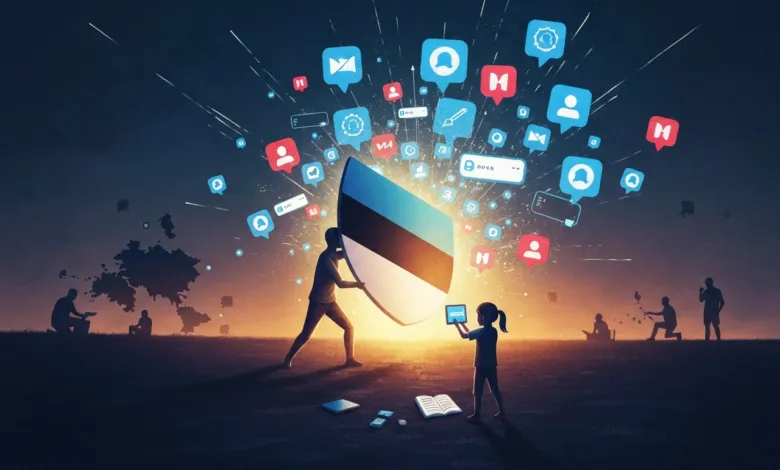 People with Estonian flag shield surrounded by social media icons in a field.